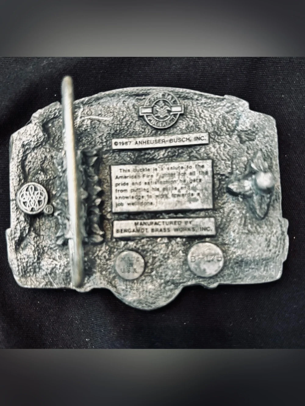 This Bud's ForYou 1987 Bergamot Belt Buckle Salute to The American Fire Fighter